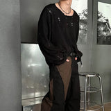WIAOFELLAS  -  Men's Solid Color Ripped Long-Sleeved T-Shirt American Retro Fashion Trend High Street Loose Casual Breathable Niche Men's Tops