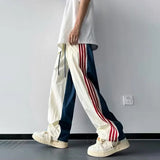 WIAOFELLAS  -  Fashion Men's Spliced Striped Contrast Color Casual Pants Trendy Summer Straight Drawing Loose Trousers Male