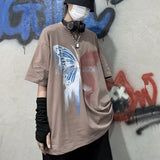 Wiaofellas  -  Men Boy Graffiti Butterfly Letters Print Shirt Loose Long Blouse Short Sleeve Summer Ins Korea Hip Hop Tops Lovers Streetwear