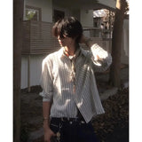 Wiaofellas  -  American Seersucker Long Sleeve Jacket Men's Autumn Shirt Striped Top