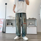 Wiaofellas  Men's Jeans Y2K High Street Retro Loose Washed Ripped American Summer Straight Long Pants