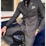 Wiaofellas Luxury Men's Striped Wedding Casual Tuxedo Men's British Slim Suit 2pcs Men's Quality Business Social Club Suit Costume Homme