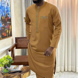 Wiaofellas - Elegant Men's Suit Long Sleeve Embroidered Top and Solid Color Pants 2piece Set Kaftan Africa Men's Wedding Festival Suit