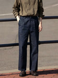 Wiaofellas  -  SS Men's Neapolitan Pleated Suit Pants, Solid Denim Style High Waist Straight Leg Business Casual Trousers