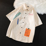 WIAOFELLAS  -  Casual Polo Shirt Black Beige Cartoon Pattern Shirt Men Unisex Classic Short Sleeve Top Shirt Streetwear Couple Button Top