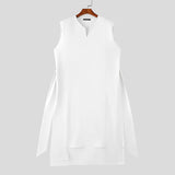 Wiaofellas  -  Men's Irregular Shirt Solid V Neck Sleeveless Long Style Shirts For Man Streetwear Fashion Men Clothes With Belt