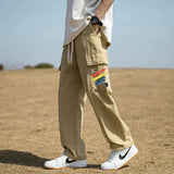 WIAOFELLAS  -  Men's Clothing Spring Autumn Elastic Pockets High Waisted Letter Embroidered Casual Trousers Cargo Straight Bloomers Pants