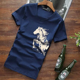 Wiaofellas  -  Men's V-neck Cotton T-shirt Chinese Style Horse Print Short Sleeve Slim Fit Casual Summer Tee
