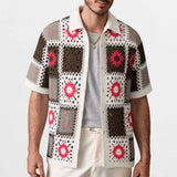 WIAOFELLAS  -  Men's Knit Polo Shirts Retro Ethnic Hook Flower Hollow Patchwork Color Sweater Heavy-duty Jacquard Short Sleeve Shirt For Male