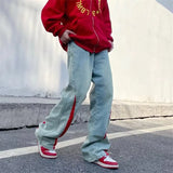 Wiaofellas  -  2000S Clothes Y2K Fashion Washed Blue Drawstring Baggy Jeans Pants Men Clothes Straight Hip Hop Patchwork Male Denim Trousers