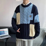 WIAOFELLAS  -  Oversized Men Sweater Fashion Knitted Embroidery Bear Pullovers Spring Lazy Long Sleeve Streetwear Patchwork Klein Blue Sweater