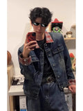 WIAOFELLAS  -  Retro American Design Spring Plaid Patchwork Distred Denim Jaet Men Loose Cool Couple Outerwear Long Sve Button up
