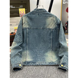 Wiaofellas   -  Men's Streetwear Hip Pop Washed Denim Jacket Stand Collar Fashion Cargos Pockets Zipper Coats Retro Popular Loose Outwear M-3XL