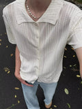 Wiaofellas  -  American Retro Hollow out Men's Shirt Summer Preppy Style High End Short Sleeve Knitted Top Trendy Boxy Fit Breathable T-Shirt