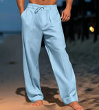 Wiaofellas  -  Men Summer Cotton Linen Drawstring Casual Pants Solid Color Loose Wide Leg Trousers Breathable Elastic Waist Daily Beach