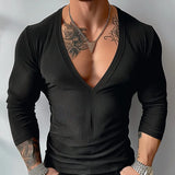 WIAOFELLAS  -  Men T Shirts Solid Color Knitted V Neck Long Sleeve Streetwear Casual Men Clothing Autumn Fashion Camisetas S-5XL