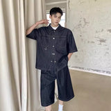 Wiaofellas  -  Simple Summer Loose Men's Denim Suits Casual Lapel Short Sleeve Top Straigth Wide Leg Male Shorts New Strend 