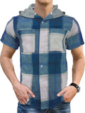 Wiaofellas  -  Casual Plaid Shirts Men Short Sleeve Button-up Hooded Shirts Summer Fashion Patchwork Pockets Design Hoodie Mens Shirt Tops