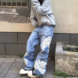 WIAOFELLAS  -  Autumn Men's Dove Of Peace Appliques Embroidered Jeans New Y2K Vintage Straight Baggy Denim Pants Washed Streetwear Blue Jean
