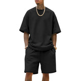 WIAOFELLAS  -  Men's Summer American-Style Loose Heavy Sweater High Street Hip-Hop Sport Short-Sleeved Set with Shorts