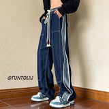 WIAOFELLAS  -  Spring Autumn Casual Jeans Men American Streetwear High Street Stitching Loose Straight Leg Wide Leg Pants Mens