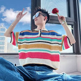 WIAOFELLAS  -  Summer New Knitted Short Sleeve T-shirt Men Fashion Casual Stripe T Shirt Men Streetwear Hip Hop Loose Tshirt Mens Tops