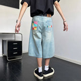 WIAOFELLAS  -  Fashion Men's Gradient Letter Print High Street Denim Shorts Vintage Wash Loose Straight Short Pant Male