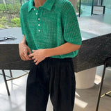 WIAOFELLAS  -  Mens Knit Polo Shirt Textured Weave Hollow Korean Niche Summer Short Sleeve Top Breathable Thin Relaxed Fit lapel Daily Mens Top