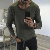 WIAOFELLAS  -  Mens Casual Round Neck Top Autumn And Winter Fit Youth Popular Personality Raw Edge Solid Color Long-Sleeved T-Shirts For Men