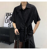 WIAOFELLAS  -  Short Sleeved Men's Shirts Casual Solid Color Hollow Out Jacquard Lace-up Loose Single Breasted Male Tops Trendy