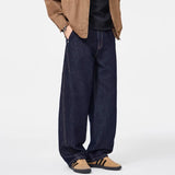 Wiaofellas  -  Men Raw Dark Wash Baggy Jeans Contrast Stitch Wide Leg Curved Cut Denim Pants Vintage Straight Loose Casual Street Trousers