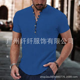 Wiaofellas  -  Men's Short Sleeve Linen Shirt Summer Lightweight Casual V-Neck T-Shirt Men Basic Solid Color Loose Fit Top