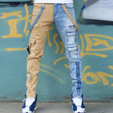 Wiaofellas  -  Hip Hop Streetwear Men Color Block Patchwork Cargo Jeans Multi Pocket Zipper Strap Slim Straight Denim Pants
