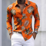 Wiaofellas  -  Men's Tropical Palm Print Long Sleeve Shirt Turn-Down Collar Slim Fit 4-Way Stretch Luxury Dress Shirt Casual Streetwear Tops