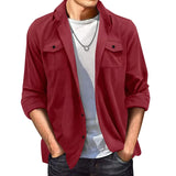 WIAOFELLAS  -  Fashion Suede Shirt For Men's Clothing Spring Autumn Casual Solid Color Pocket Long Sleeves Turn-down Collar Coats Loose Tops