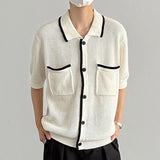Wiaofellas  -  Men's Hollow Out Short-Sleeved Shirt Vintage Turn-Down Collar Contrast Color Front Pocket Design Thin Knitted Sweater Cardigan