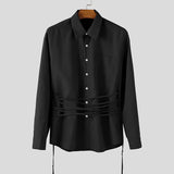 WIAOFELLAS  -  Men Shirt Solid Lapel Long Sleeve Lace Up Casual Men Clothing Loose Streewear Fashion Leisure Tops Male Shirts S-5XL