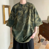 Wiaofellas  -  Tie-dye Short-sleeved T-shirt for Men Retro Trendy Street-friendly Loose Three-quarter Sleeve Top