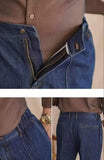 WIAOFELLAS  -  Vintage Cotton Men Jeans Suit Pants Elastic High Waisted Straight Trousers British Business Style  Casual Naples Denim Pant