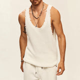 Wiaofellas  -  Streetwear Men Clothes Fashion Summer Sleeveless O Neck Straps Knitted Tank Tops Mens Vintage Solid Color Ripped Vest Camisole