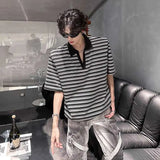 WIAOFELLAS  -  Trendy Men's Striped Contrast Color Shoulder Pads Loose T-shirts Fashion Casual Short Sleeves Lapel Tops Male Summer