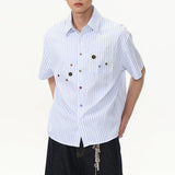 WIAOFELLAS  -  Niche Design Men's Shirts Turn-down Collar Vertical Stripe Single Breasted Button Decoration Short Sleeved Male Top