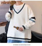 WIAOFELLAS  -  Autumn Winter New Men's Korean Loose Knitted V-neck Casual Sweater Outdoor Fashion Trend Comfortable Breathable Hoodie