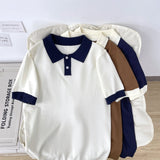 Wiaofellas  -  Loose Fit  Short Sleeve Knitted T-Shirt Men Summer Cool Breathable Shoulder Collision Color Collar Unisex Top