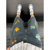 WIAOFELLAS  -  Waed American Floral Embroidery Jeans High Street Trendy Wide Leg ort Pants Men Design Six Straight Tube Pants Cotton Polo