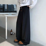 WIAOFELLAS  -  American Style Loose Suit Trousers Men's Chic Button Solid Color Casual Pleated Design Straight Leg Menswear Bottom