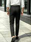 Wiaofellas  -  Men's Retro Black Business Casual Striped High-Waisted Straight-Fit Trousers with Drape Effect