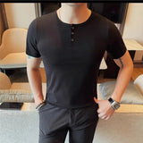 WIAOFELLAS  -  Summer Cotton Round Neck Men's Casual T-shirt Fashion Business Slim Fit Short Sleeve Elastic Solid Color Tees Tops Streetwear