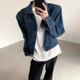 Wiaofellas  -  Mens Autumn College Style Simple Y2k Niche Short Denim Jacket Fashion Youth Trend Retro Washed Shoulder Pad Cardigan Jacket Men