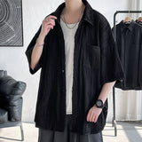 Wiaofellas  -  Told Tale Men's Wavy Grain Pleated Blouse Lapel Short Sleeve Streetwear Casual Male Loose Leisure Solid Shirts Men Clothing